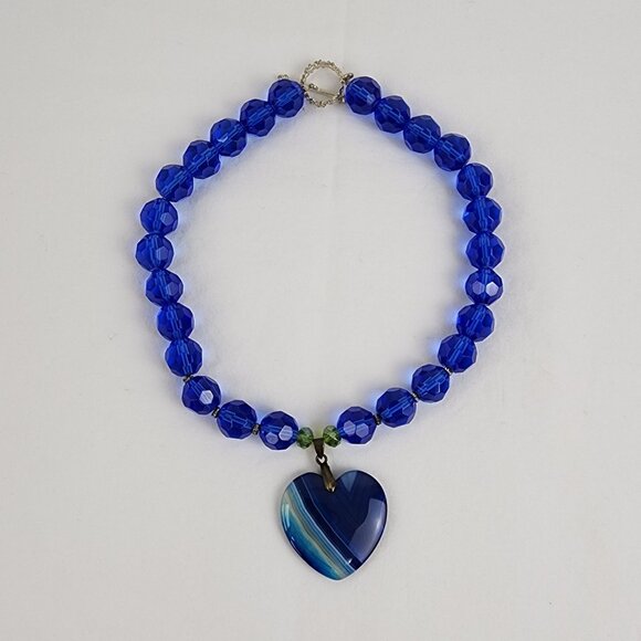 Blue Lace Agate Heart Shape Stone Pendant Faceted Crystal Bead Necklace Handmade - Picture 1 of 13